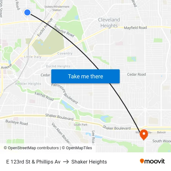 E 123rd St & Phillips Av to Shaker Heights map