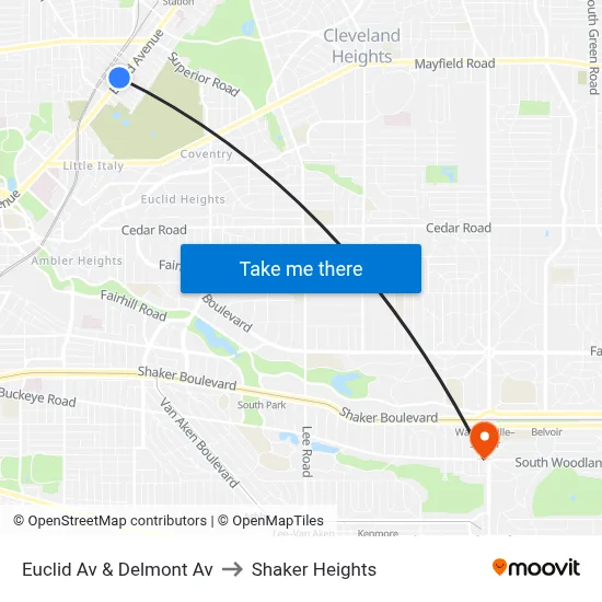 Euclid Av & Delmont Av to Shaker Heights map