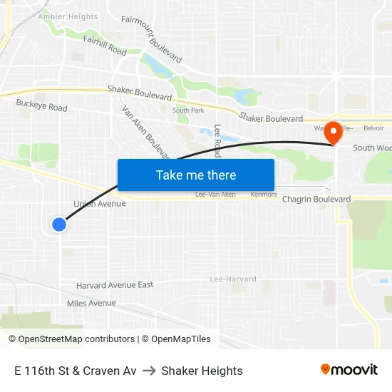 E 116th St & Craven Av to Shaker Heights map