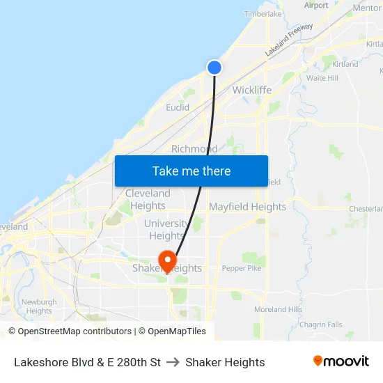 Lakeshore Blvd & E 280th St to Shaker Heights map