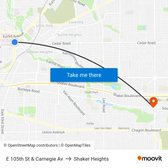 E 105th St & Carnegie Av to Shaker Heights map