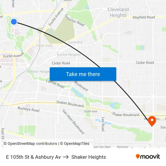 E 105th St & Ashbury Av to Shaker Heights map