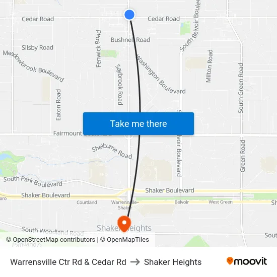 Warrensville Ctr Rd & Cedar Rd to Shaker Heights map
