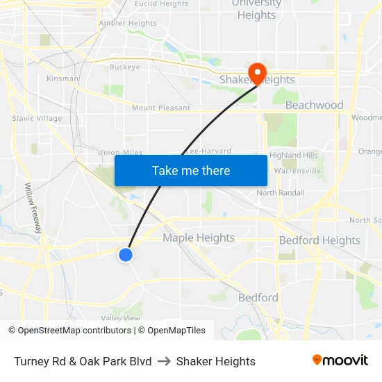 Turney Rd & Oak Park Blvd to Shaker Heights map