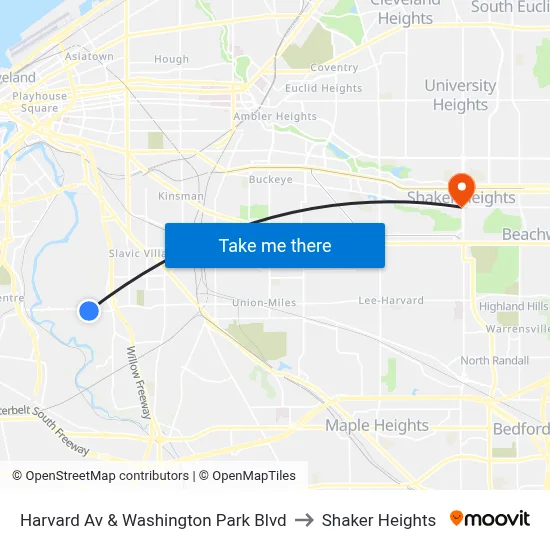 Harvard Av & Washington Park Blvd to Shaker Heights map