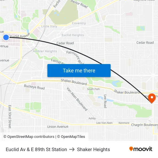 Euclid Av & E 89th St Station to Shaker Heights map