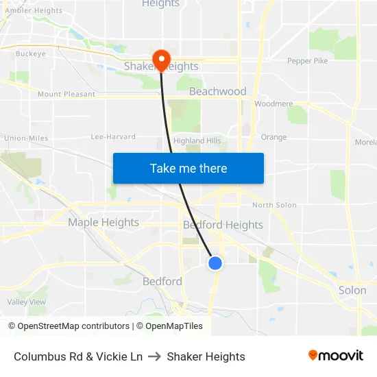 Columbus Rd & Vickie Ln to Shaker Heights map