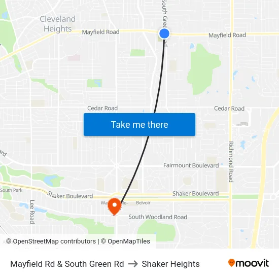 Mayfield Rd & South Green Rd to Shaker Heights map