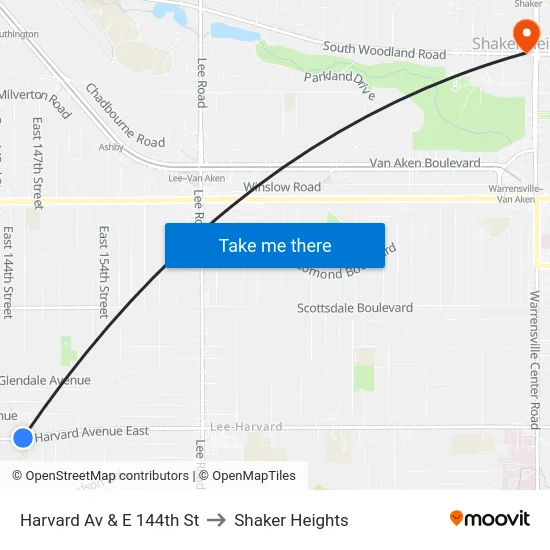 Harvard Av & E 144th St to Shaker Heights map