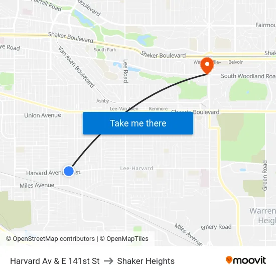 Harvard Av & E 141st St to Shaker Heights map