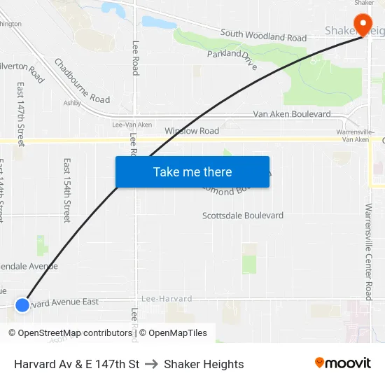 Harvard Av & E 147th St to Shaker Heights map