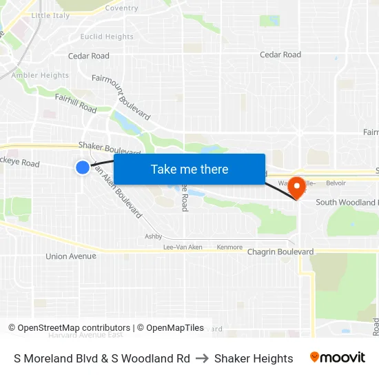 S Moreland Blvd & S Woodland Rd to Shaker Heights map