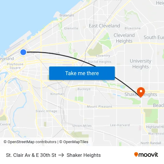 St. Clair Av & E 30th St to Shaker Heights map