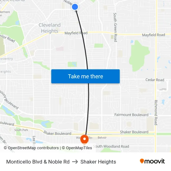 Monticello Blvd & Noble Rd to Shaker Heights map