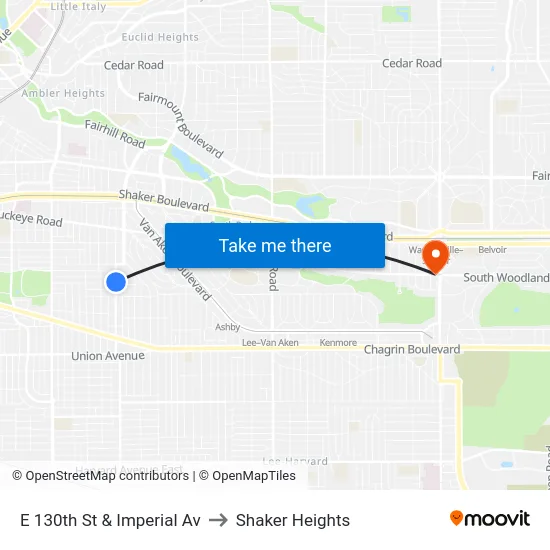 E 130th St & Imperial Av to Shaker Heights map