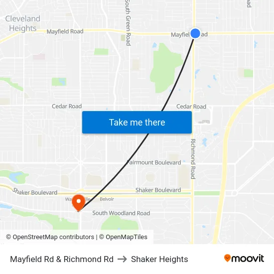 Mayfield Rd & Richmond Rd to Shaker Heights map