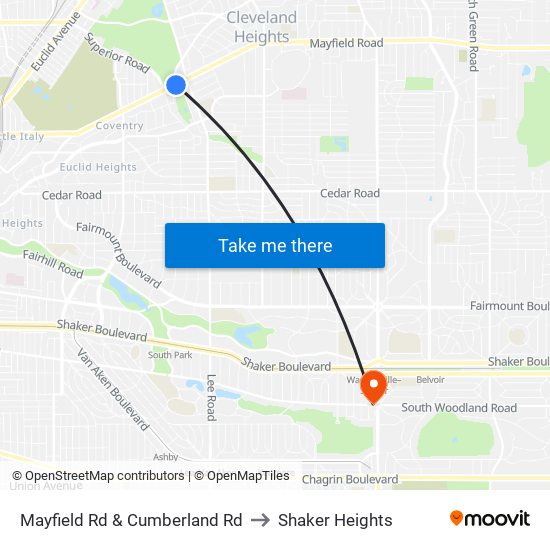 Mayfield Rd & Cumberland Rd to Shaker Heights map