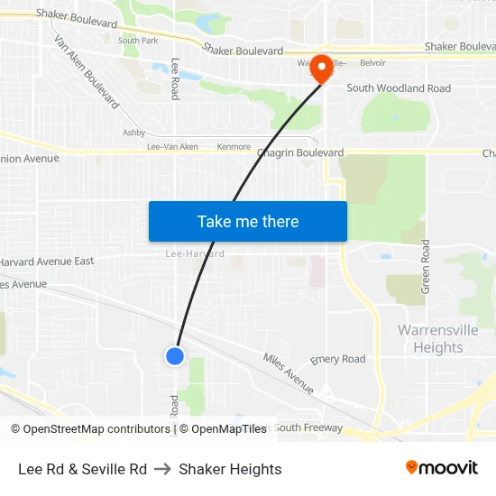 Lee Rd & Seville Rd to Shaker Heights map