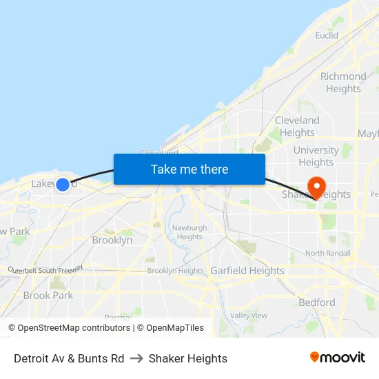 Detroit Av & Bunts Rd to Shaker Heights map