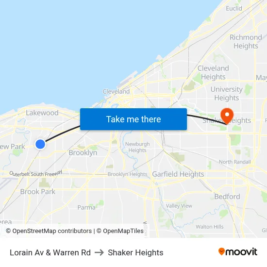 Lorain Av & Warren Rd to Shaker Heights map