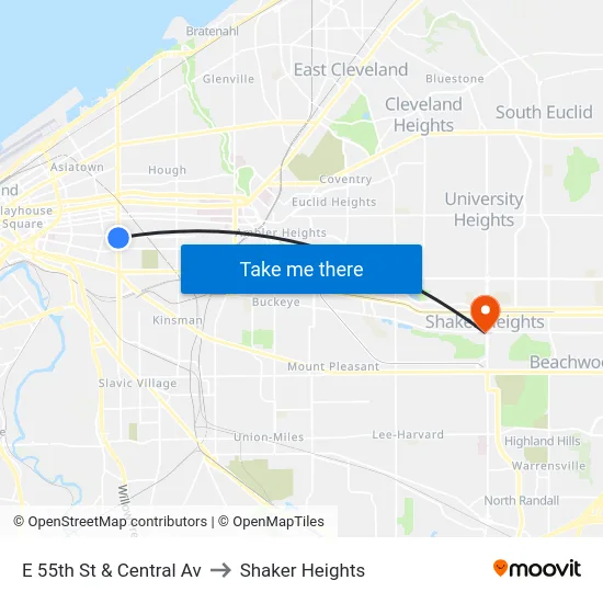 E 55th St & Central Av to Shaker Heights map