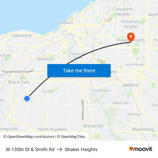 W 130th St & Smith Rd to Shaker Heights map