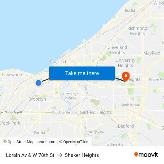 Lorain Av & W 78th St to Shaker Heights map