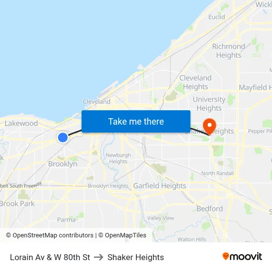 Lorain Av & W 80th St to Shaker Heights map