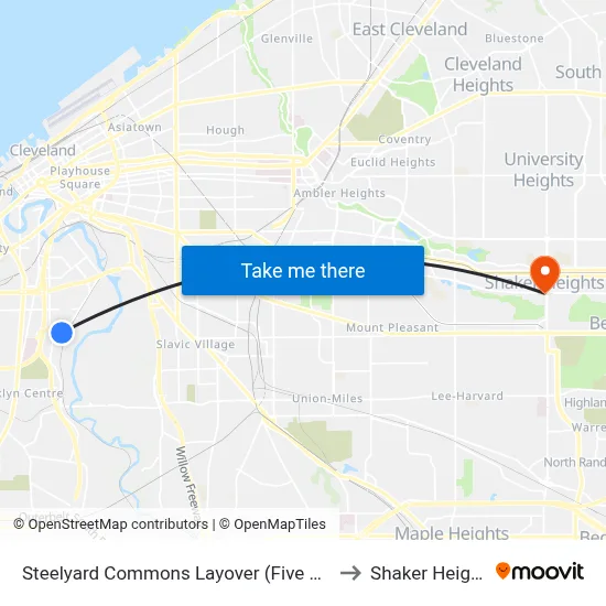 Steelyard Commons Layover (Five Guys) to Shaker Heights map