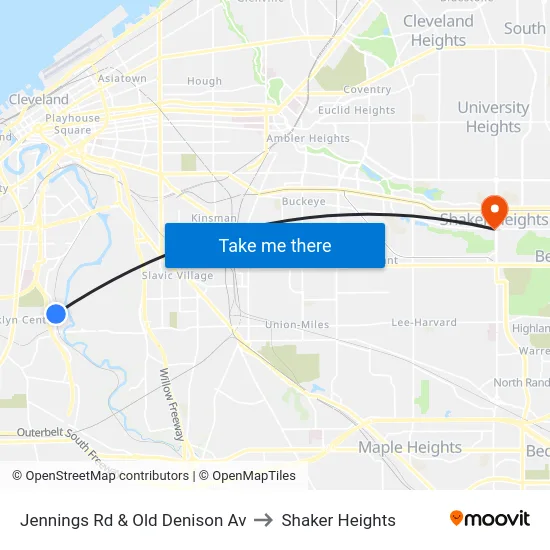 Jennings Rd & Old Denison Av to Shaker Heights map