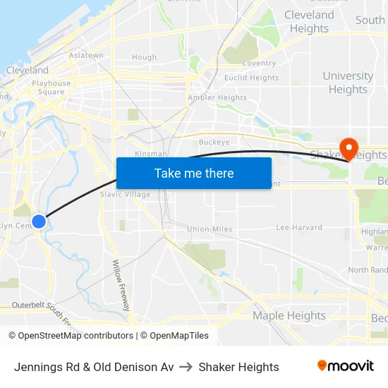 Jennings Rd & Old Denison Av to Shaker Heights map