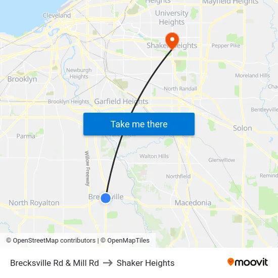 Brecksville Rd & Mill Rd to Shaker Heights map