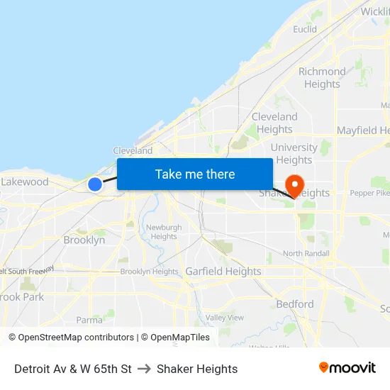 Detroit Av & W 65th St to Shaker Heights map