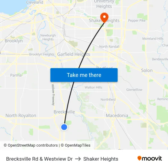 Brecksville Rd & Westview Dr to Shaker Heights map