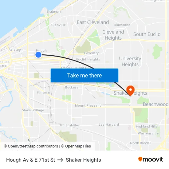 Hough Av & E 71st St to Shaker Heights map