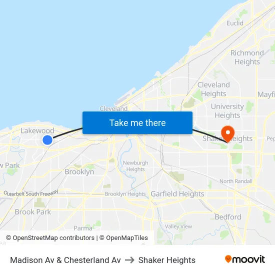 Madison Av & Chesterland Av to Shaker Heights map