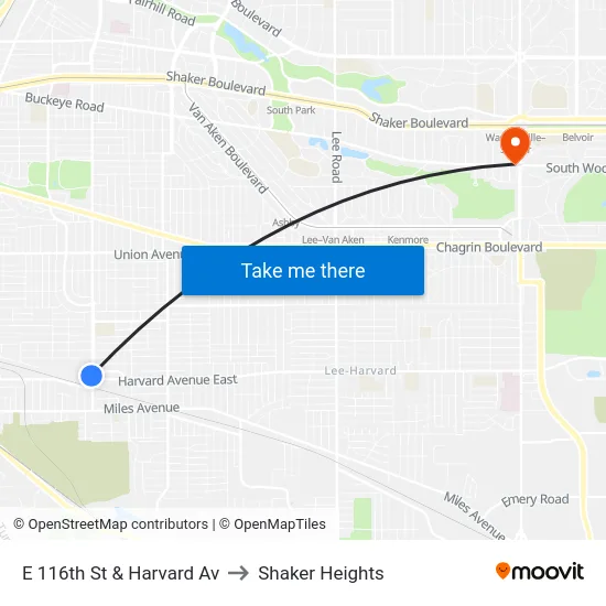 E 116th St & Harvard Av to Shaker Heights map