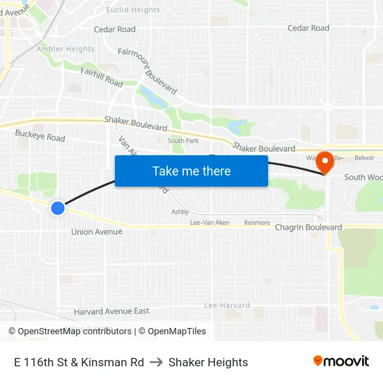 E 116th St & Kinsman Rd to Shaker Heights map