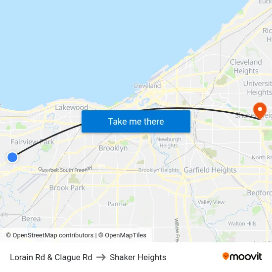 Lorain Rd & Clague Rd to Shaker Heights map