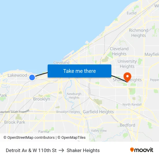 Detroit Av & W 110th St to Shaker Heights map