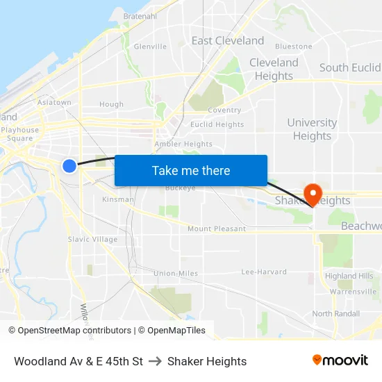 Woodland Av & E 45th St to Shaker Heights map