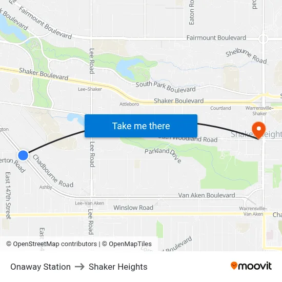 Onaway Station to Shaker Heights map