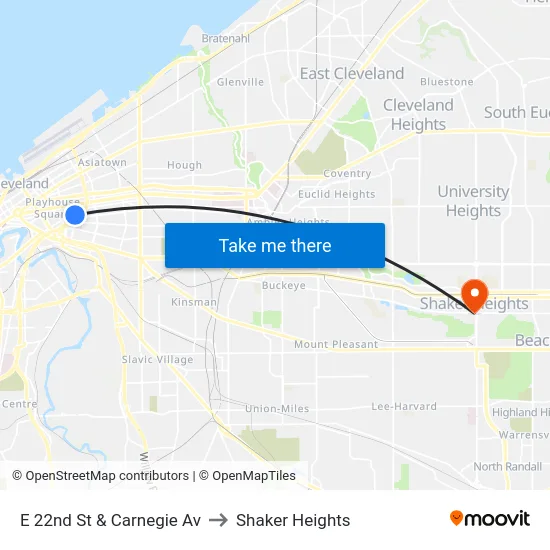 E 22nd St & Carnegie Av to Shaker Heights map