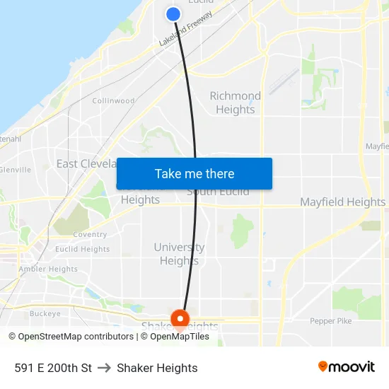 591 E 200th St to Shaker Heights map