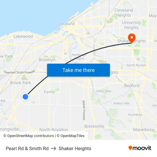 Pearl Rd & Smith Rd to Shaker Heights map