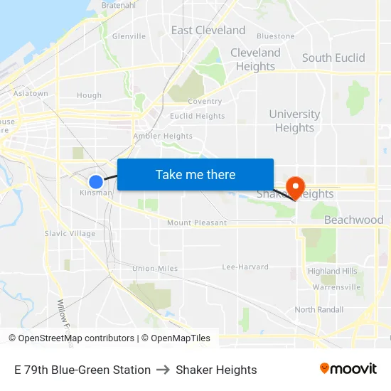 E 79th Blue-Green Station to Shaker Heights map