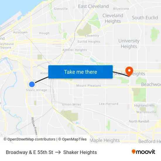 Broadway & E 55th St to Shaker Heights map