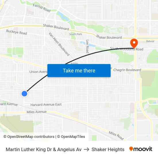 Martin Luther King Dr & Angelus Av to Shaker Heights map