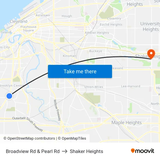 Broadview Rd & Pearl Rd to Shaker Heights map