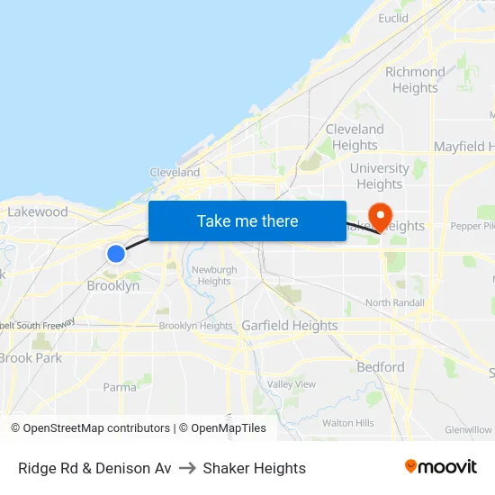 Ridge Rd & Denison Av to Shaker Heights map